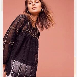 Anthropologie Maeve Elegant Black Lace Women's Top with gold accents